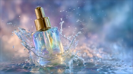 Iridescent Bottle Splash, Colorful Blurred Background