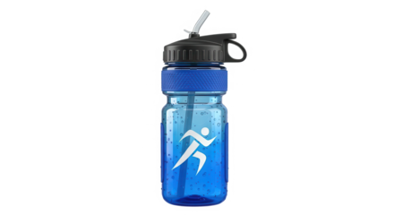 Bright blue sports water bottle with white runner silhouette and straw isolated on transparent background