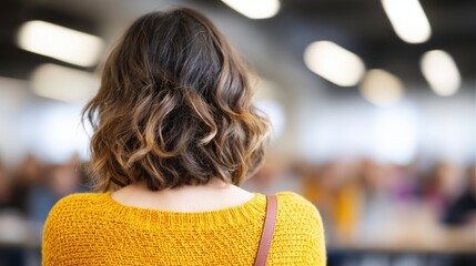 A woman's back view with curly brown hair wearing a yellow knitted sweater