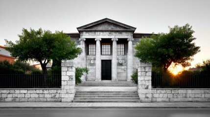 Obraz premium Neo classical building with symmetrical columns a central doorway and stone steps flanked by trees and a stone wall