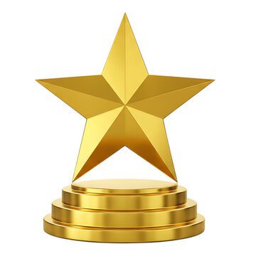 Golden star trophy on a tiered podium isolated on transparent background