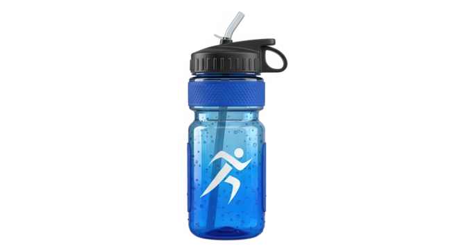 Bright blue sports water bottle with white runner silhouette and straw isolated on transparent background - Powered by Adobe