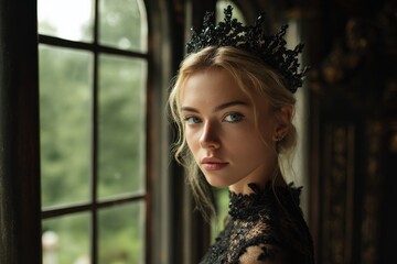 Attractive young woman in a black dress poses outdoors wearing a fashion crown near a castle