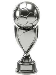 Silver soccer trophy with football on top isolated on transparent background