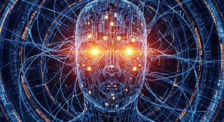 Abstract digital human head, glowing circuits, and intricate network design.