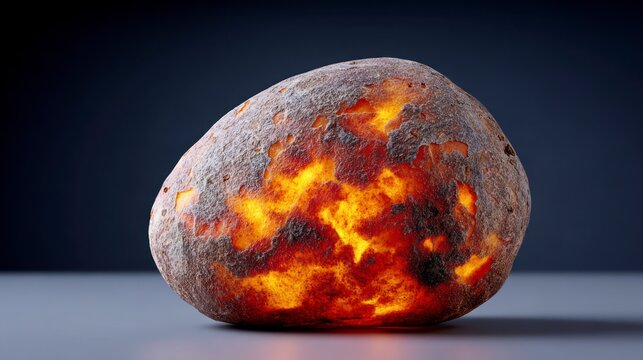 A rough textured rock with glowing orange and yellow patterns emanating from its interior