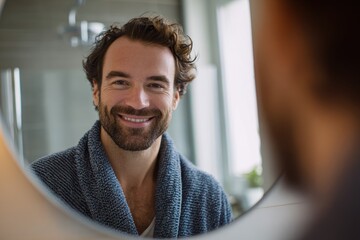 Grinning man gazing into a home mirror