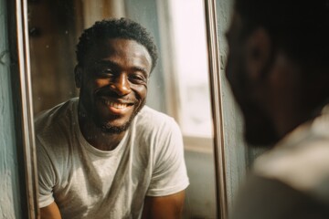 Grinning man gazing into a home mirror
