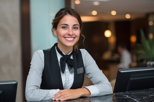 Grinning front desk clerk greets visitor at hotel