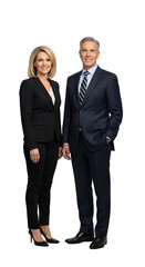 Two news anchors standing side by side smiling wide png , transparent background