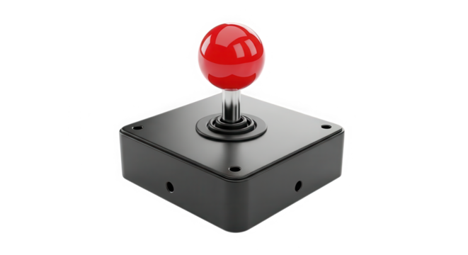Classic arcade joystick with a shiny red ball top and black base isolated on transparent background