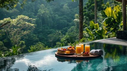 A floating breakfast tray in a private villa's swimming pool, with tropical fruits, fresh juice, and pastries, overlooking a jungle view, luxury travel and exotic lifestyle, vibrant colors,.