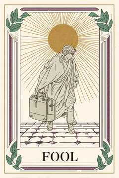 Art Deco Illustration of Traveler Walking Toward Golden Sun Carrying Bags in Ornate Decorative Frame