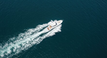 Fototapeta premium Speedboat cruising through the blue ocean leaving a white wake