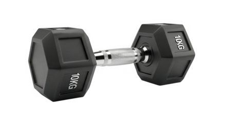 A single black hexagonal dumbbell weighing ten kilograms isolated on a transparent background for fitness and exercise isolated on transparent background