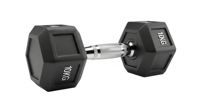 A single black hexagonal dumbbell weighing ten kilograms isolated on a transparent background for fitness and exercise isolated on transparent background