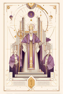 Illustration of High Priest or Pope Figure Enthroned with Two Attendants in Sacred Ceremonial Setting