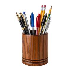 Illustration of wooden pen and pencil holder with various writing utensils isolated on transparent background
