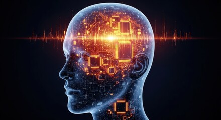 A translucent human head reveals a glowing digital brain of circuits and microchips, symbolizing artificial intelligence and futuristic thought.
