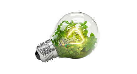 Eco friendly light bulb concept with green foliage and glowing filament isolated on transparent background