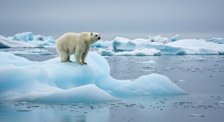 Majestic polar bear surveys the icy arctic landscape from atop a small iceberg piece.