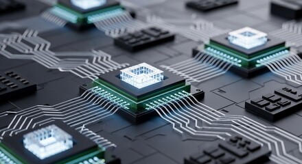 Futuristic Circuit Board with Glowing Processors and Interconnected Pathways