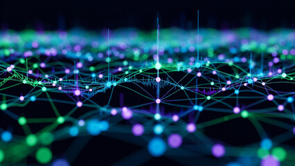 Abstract visualization of a complex digital network with glowing nodes and interconnected data streams.