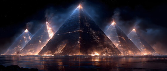 Ancient Egyptian Mythology・Paradoxical Oracle Beacons | Seven Obsidian Beacons, Contradictory Omens (Plenty/Famine), Twin Cuneiform Flames, Arrow Piercing Prophecy Chain, Eternal Cycle