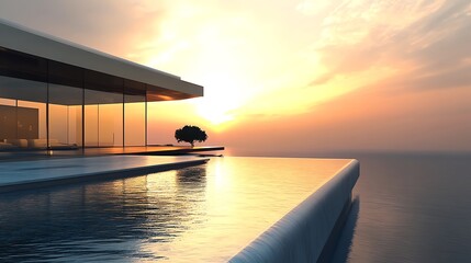 Contemporary architecture with infinity pool overlooking ocean during tranquil sunset for luxury lifestyle travel real estate relaxation elegance minimal design serenity dream destination concept