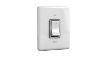 A single white toggle light switch with a silver lever isolated on a transparent background for easy design integration isolated on transparent background