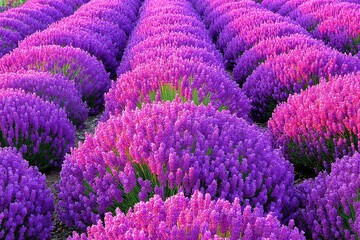 Rows of vibrant purple and pink lavender bushes