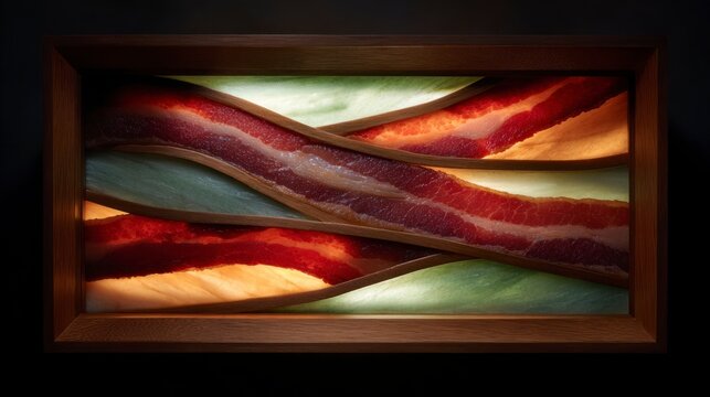 Sliced bacon strips arranged in abstract pattern within a wooden frame illuminated from behind