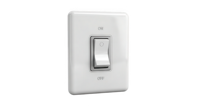 A single white toggle light switch with a silver lever isolated on a transparent background for easy design integration isolated on transparent background