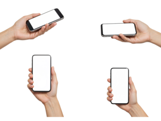 Four hands holding smartphones displaying blank white screens in various orientations isolated on transparent background