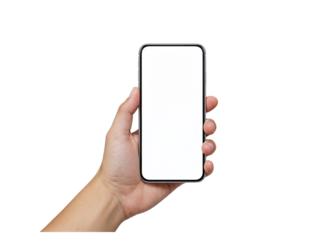 Human hand holding a modern smartphone with a blank gray screen isolated on transparent background