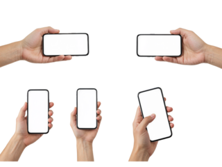 Collection of human hands holding modern smartphones in various orientations isolated on transparent background