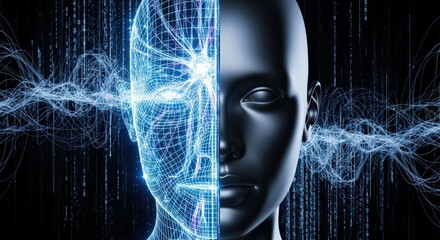 Conceptual fusion of human consciousness and artificial intelligence with digital data streams.
