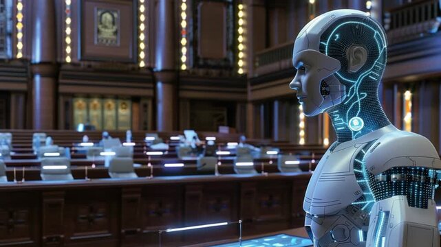 AI ethicist debating android rights in high-tech 4K Videos