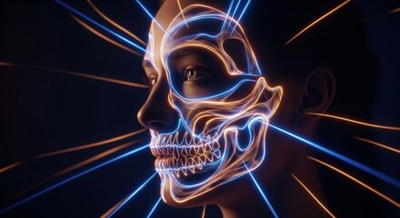 A profile portrait of a person with a glowing neon outline of a human skull superimposed over the face.