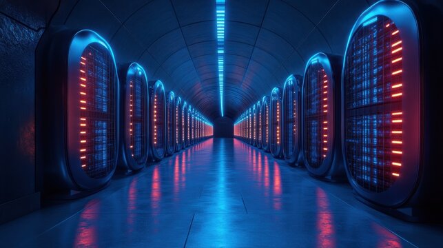 Illuminated Computer Servers in a Blue Corridor