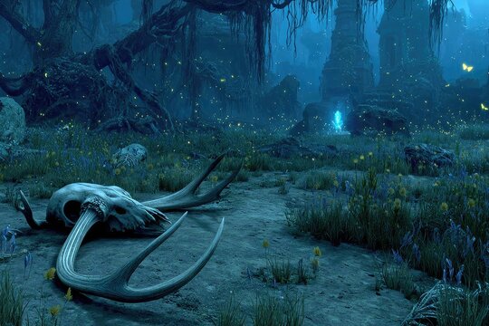 Misty, ethereal forest scene with ancient ruins, a skull and glowing lights