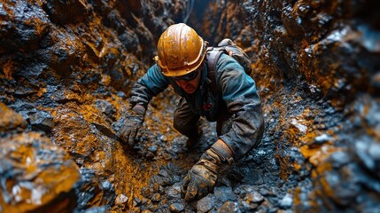 Miner Crawling in a Narrow Rock Tunnel