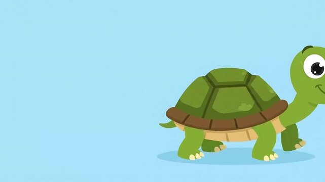 Cartoon turtle with a green shell walking on a light blue background