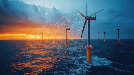 Offshore Wind Turbines with Network Visualization at Sunset