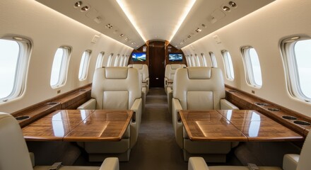 Luxury private jet cabin interior with comfortable seats and tables