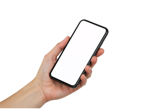 Close up of a person s hand holding a modern smartphone with a blank gray screen isolated on transparent background