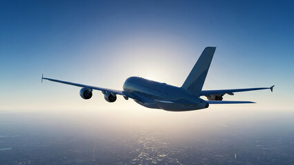 Obraz premium Airplane flying out of haze into sunlight. Symbolic journey concept.