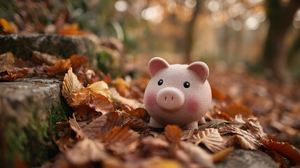 A cute piggy bank sits among colorful autumn leaves in a serene forest. This image captures the essence of savings and nature in a playful style. Perfect for financial themes. 