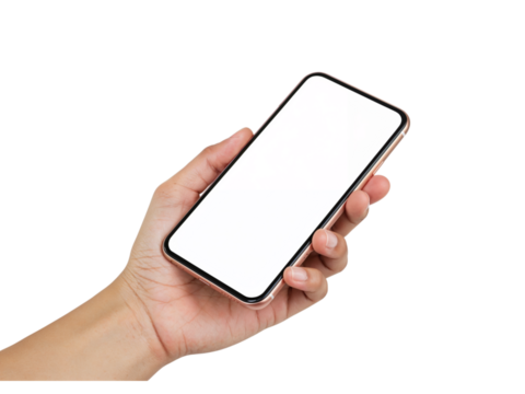 Close up of a person holding a modern smartphone with a blank gray screen in their hand isolated on transparent background