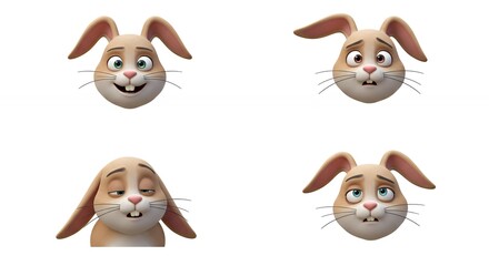 Fototapeta premium Four cartoon rabbit heads with expressions